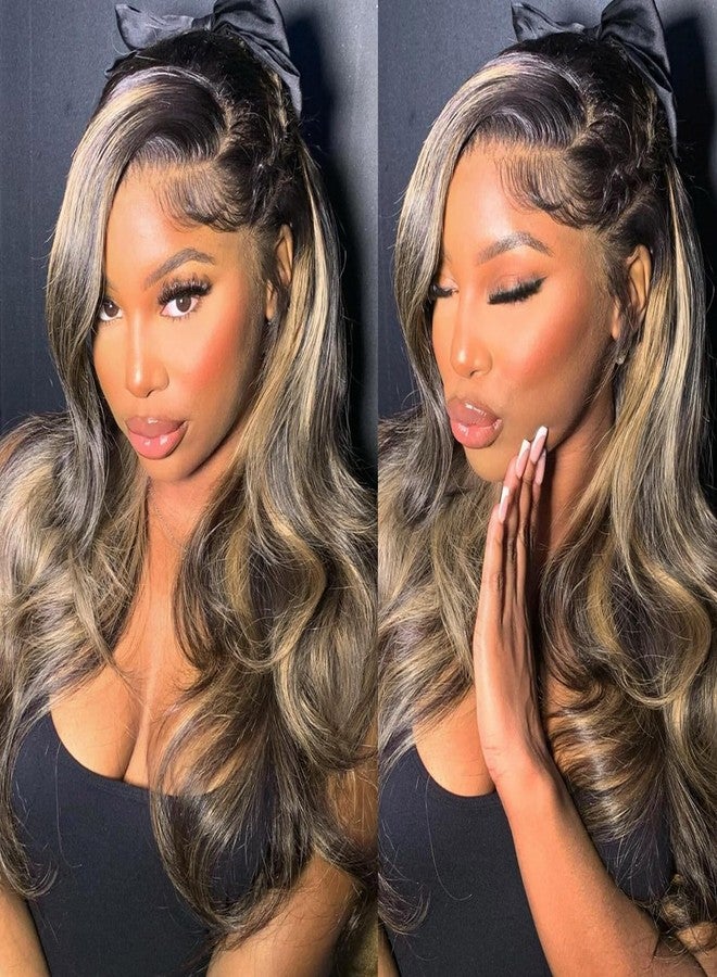 Juvid 13x6 Balayage Body Wave Lace Front Wigs Glueless HD Transparent Lace Frontal Pre Plucked Baby Hair 200% Density Ombre Highlight Blonde FB/27 Human Hair Wigs for Black Women 22inch - Image 1